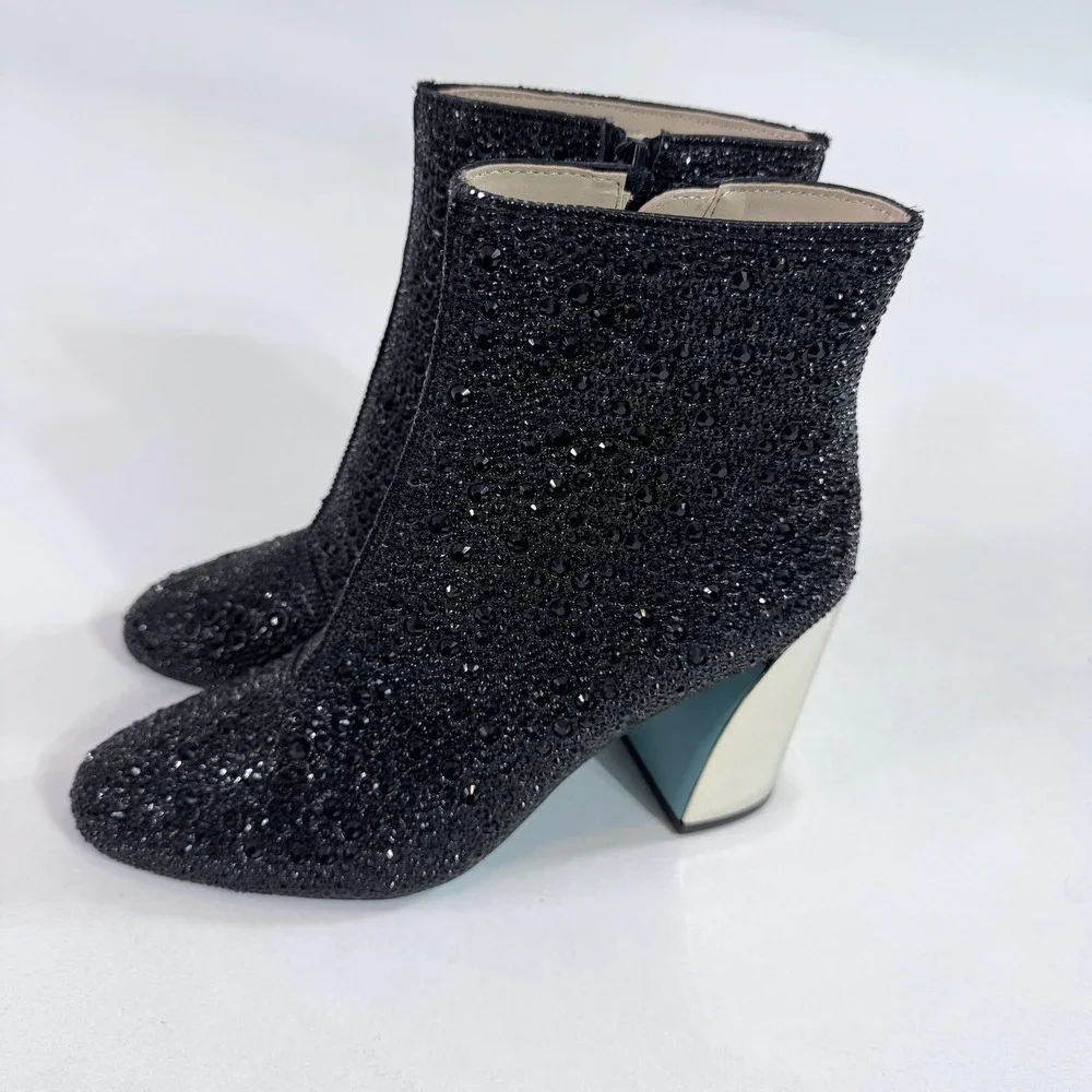 Betsey Johnson Boots Womens Size 6.5 Black Rhinestone Ankle Block Heel SB-HUGO